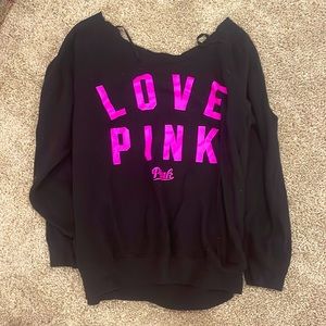 Of the shoulder love pink sweater shirt